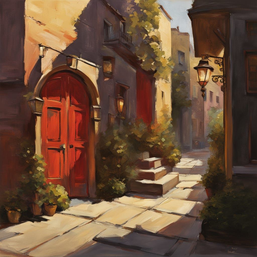 Art Nouveau Oil Painting of a Cobblestone Street at Dusk