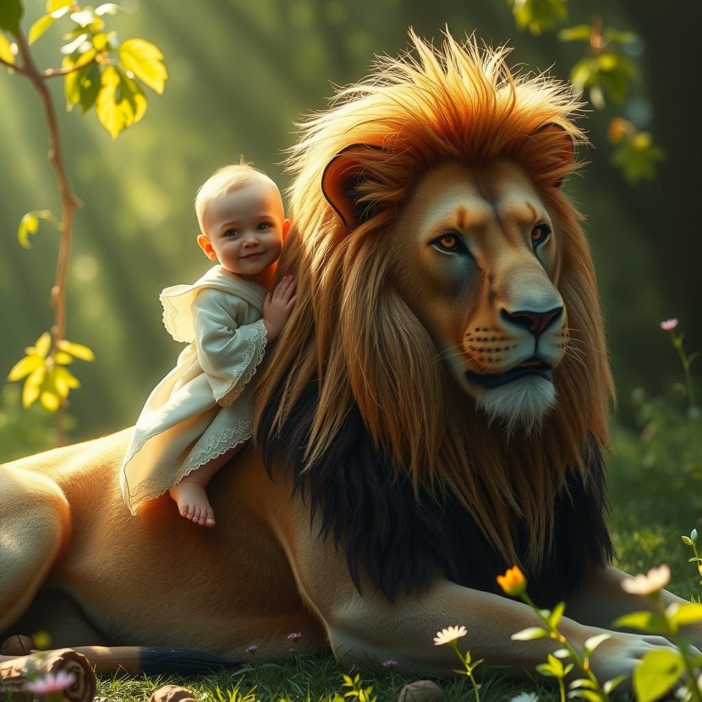 Child and Lion in Forest Clearing, Fantasy Concept Art