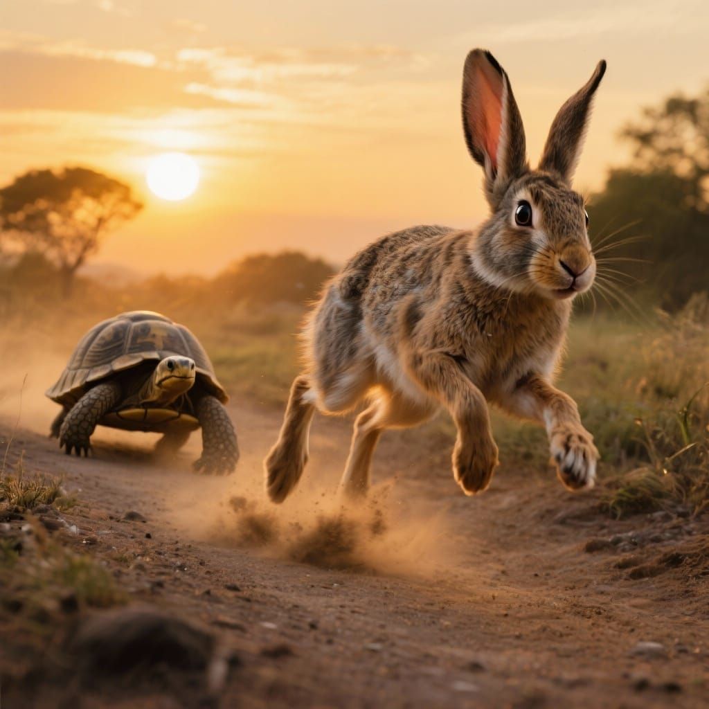 Hare and Tortoise Race at Sunset