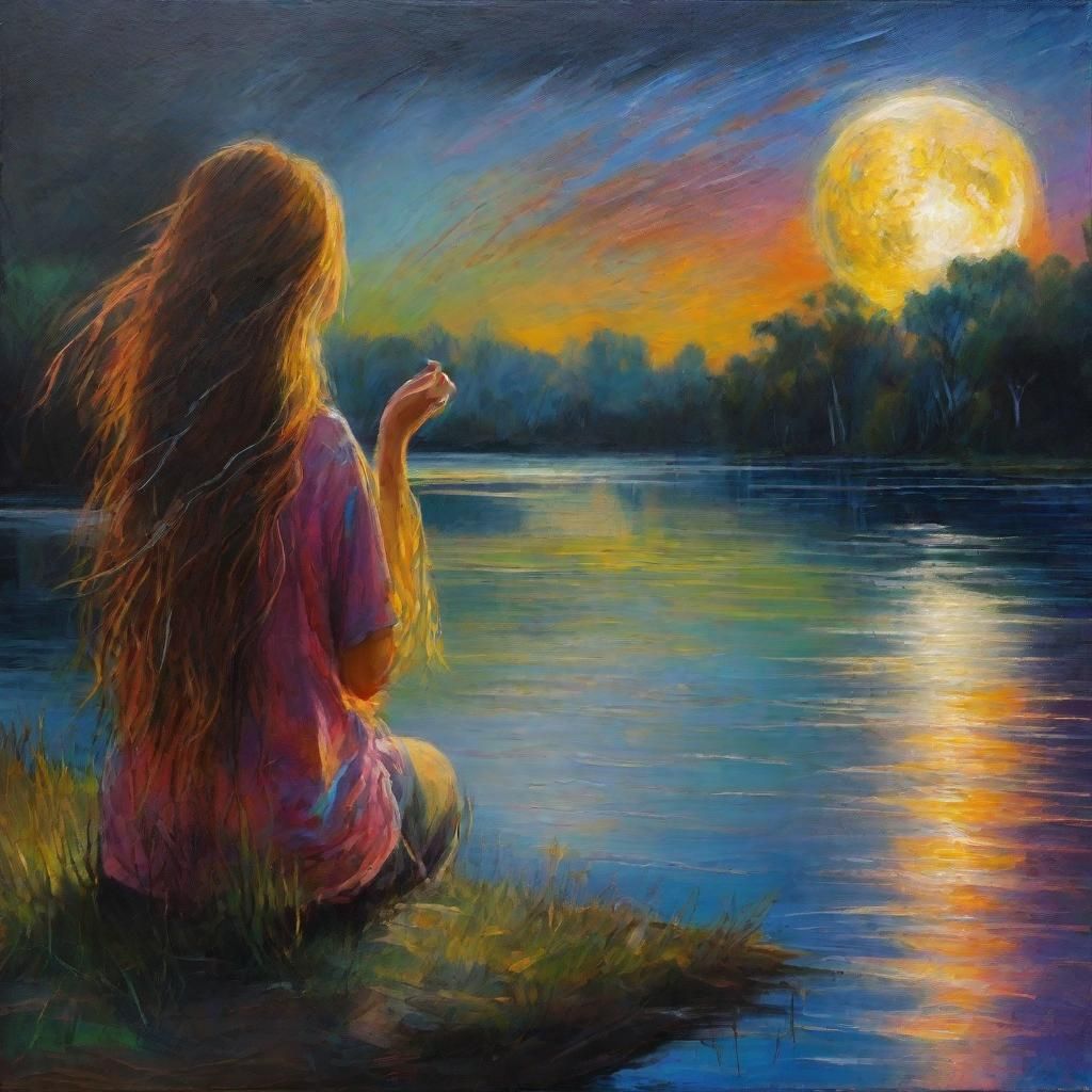 Ethereal Woman by Lake under Moonlight as Oil Painting