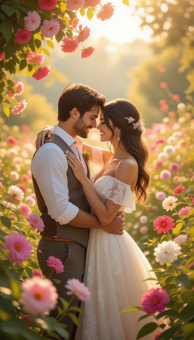 Romantic Couple Surrounded by Flowers in Dreamy Style