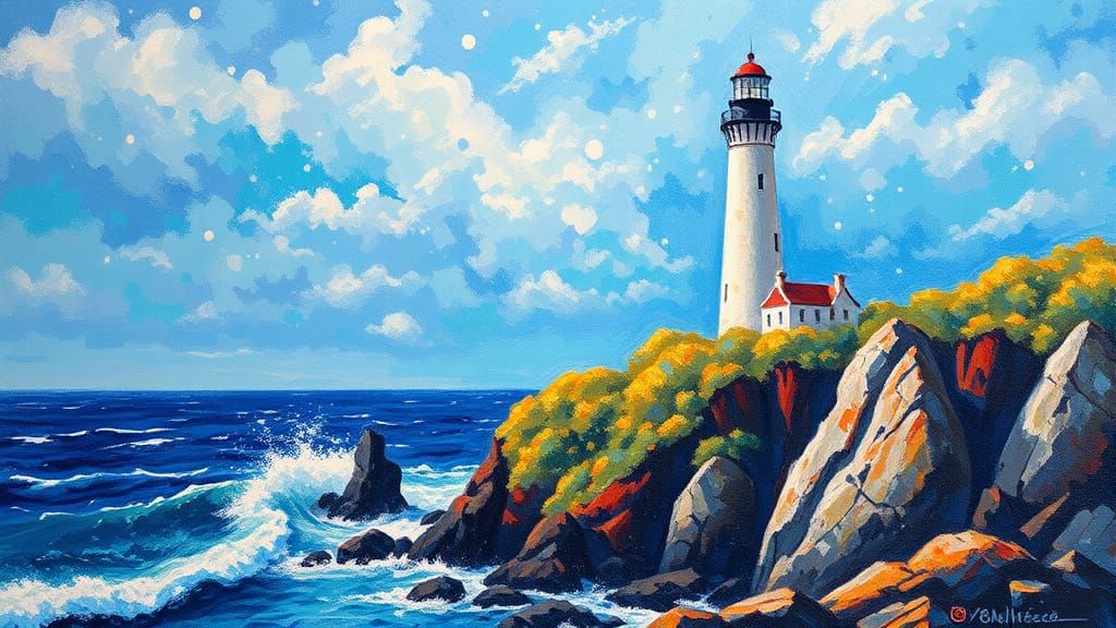 Lighthouse on Rocky Coast in Pointillist Style