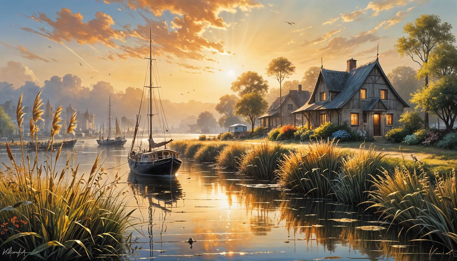 Sunlit Harbors with Reeds in Watercolor Style