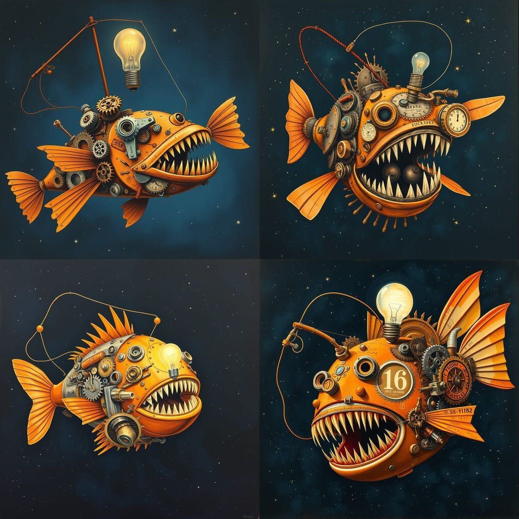 Surreal Mechanical Anglerfish in Ochre-Orange and Brown
