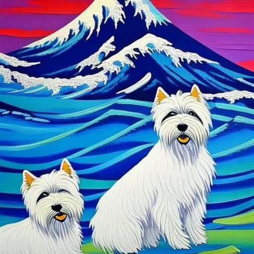 West Highland Terriers in Japanese Painting Style