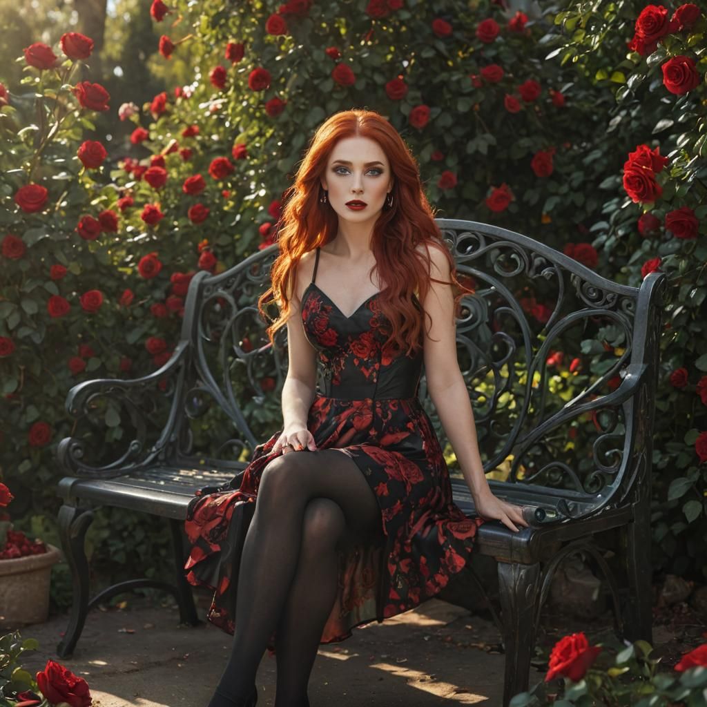 Red-Haired Goddess in Rose Garden, Fantasy Art