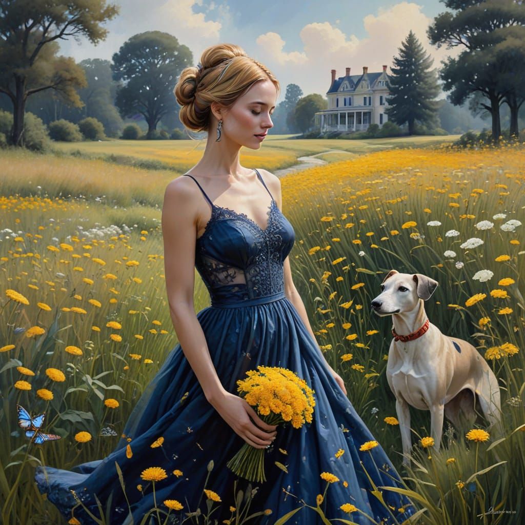 Woman in a Dreamlike Landscape with a Greyhound