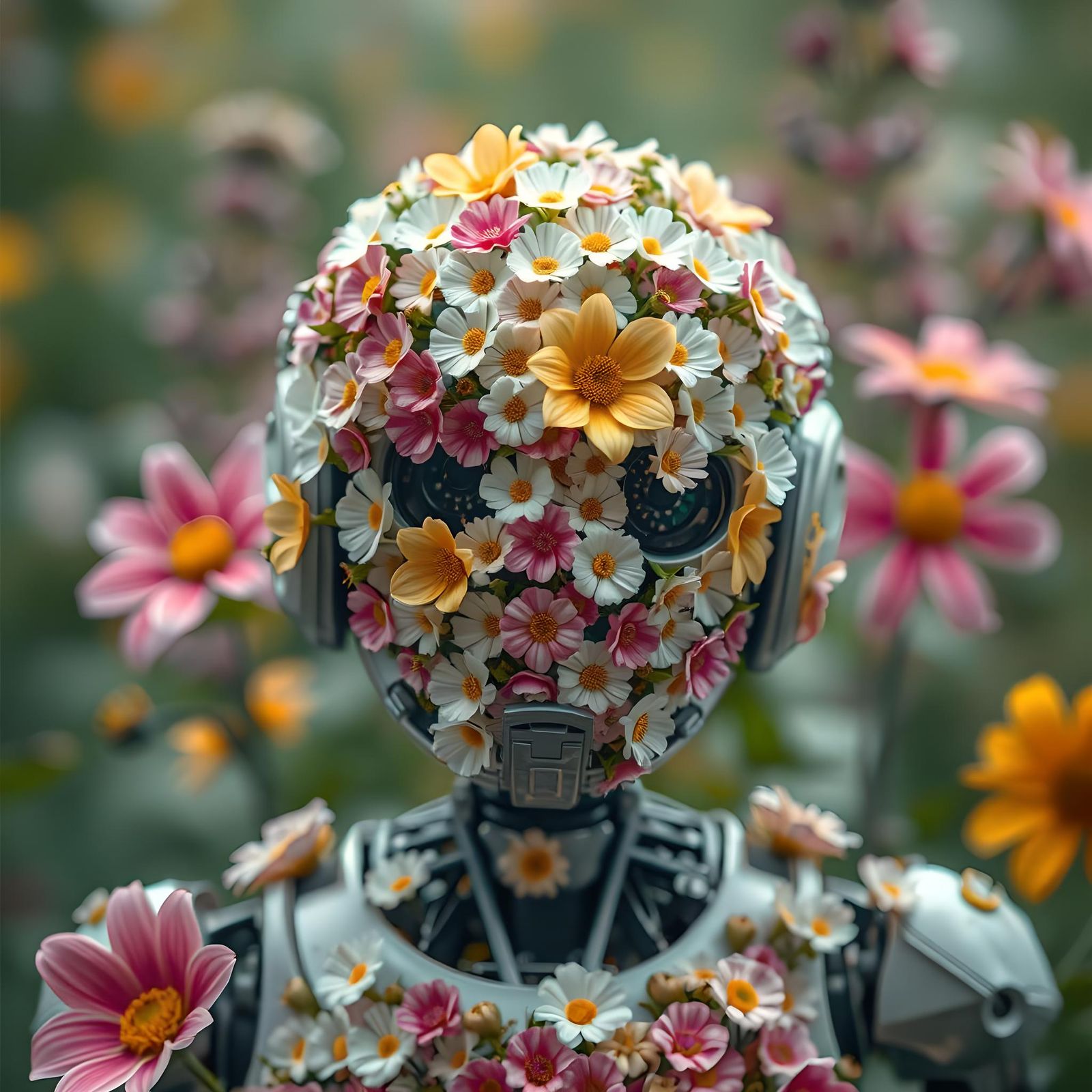 Photorealistic Robot Covered in Flowers