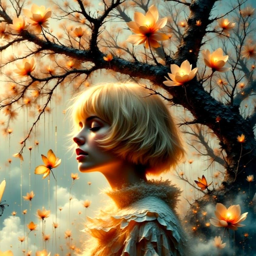 Blond Model in Dreamscape with Cherry Blossoms