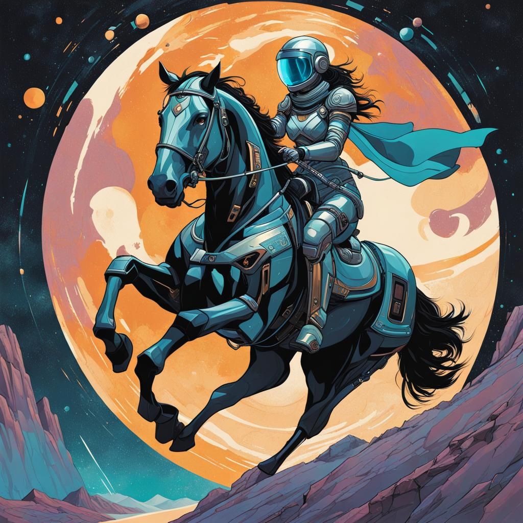 Futuristic Woman Races Cyborg Horse in Space