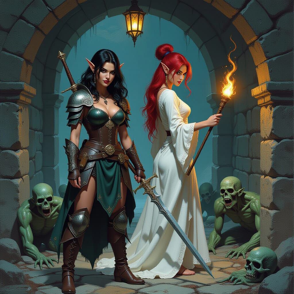 Elven Duo Defends Dungeon in Oil Painting Style
