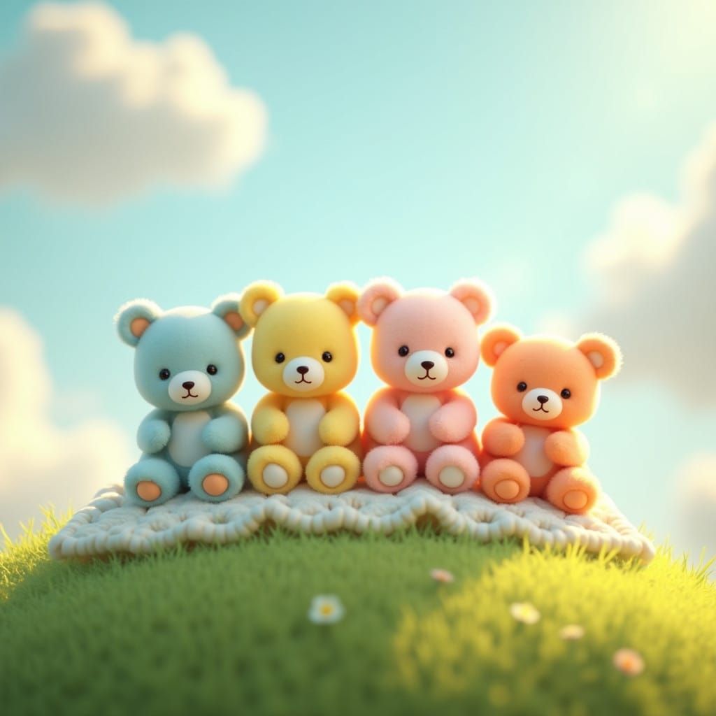 Whimsical Pastel Teddy Bears in a Lush Green Meadow