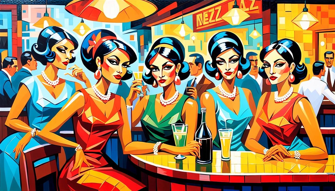 Cuban Women in Jazz Bar, Neo-Cubism Art Deco Style