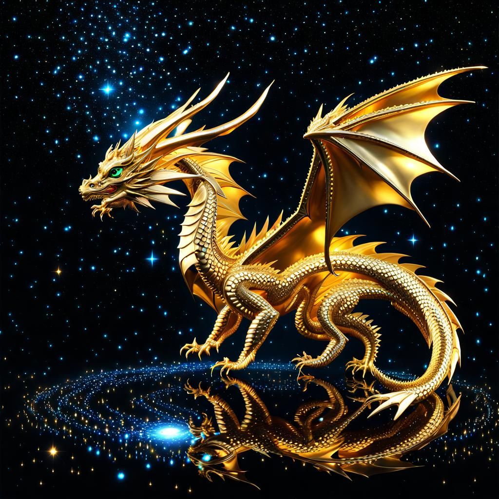 Golden Dragon Soaring in Rainy Starry Night