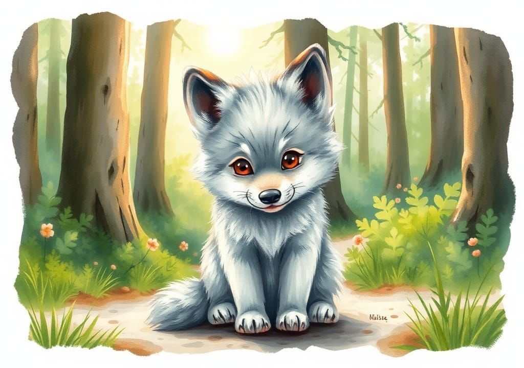 Adorable Wolf Cub in Watercolor Forest