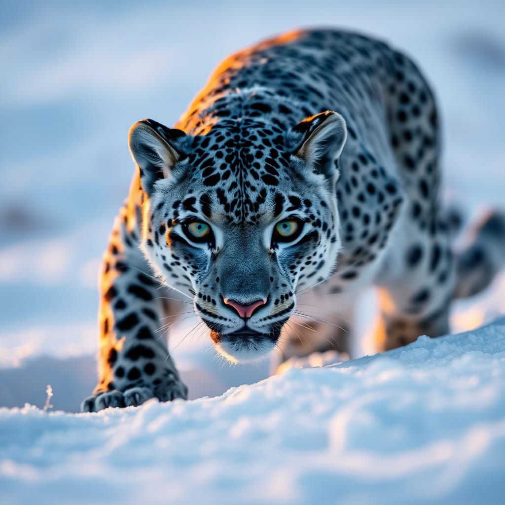 Snow Leopard Prowling through Snow at Dusk in Hyper-Realisti...