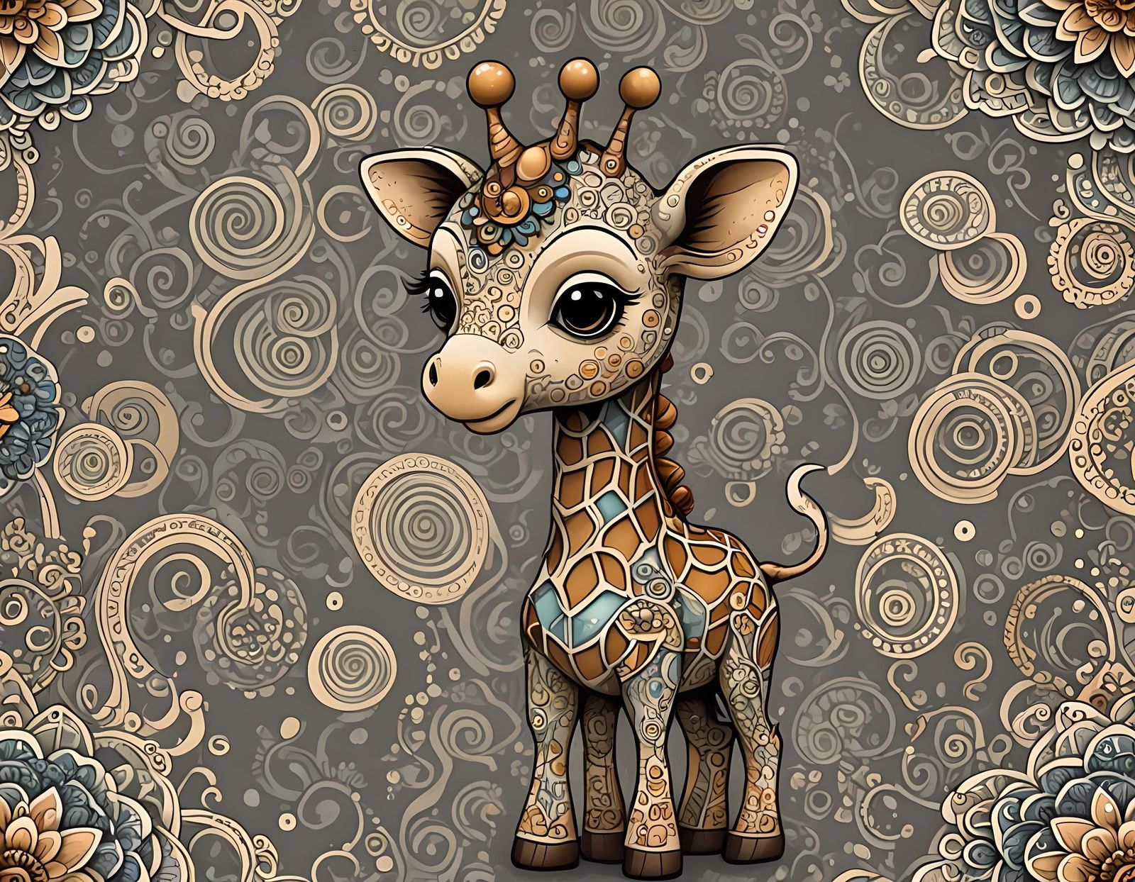 Chibi Giraffe Zentangle Illustration in Muted Colors