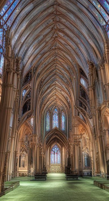 Gothic Cathedral at Dusk with Colorful Stained Glass