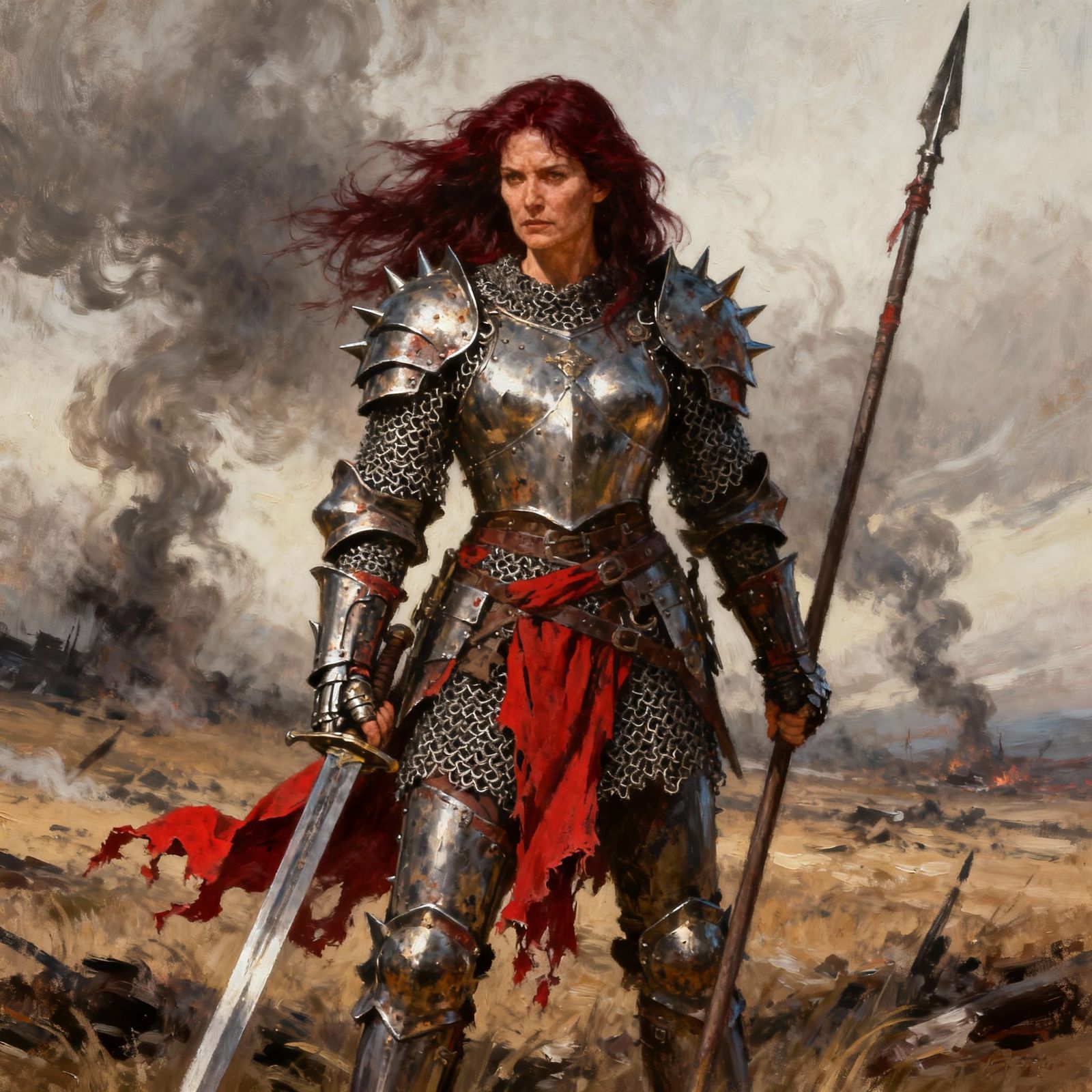 Fantasy Warrior Oil Painting: Determined Heroine on Battlefi...