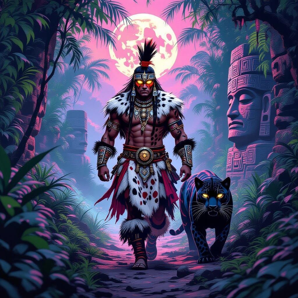 Aztec Warrior Embarks on a Mystical Jungle Quest with a Glow...