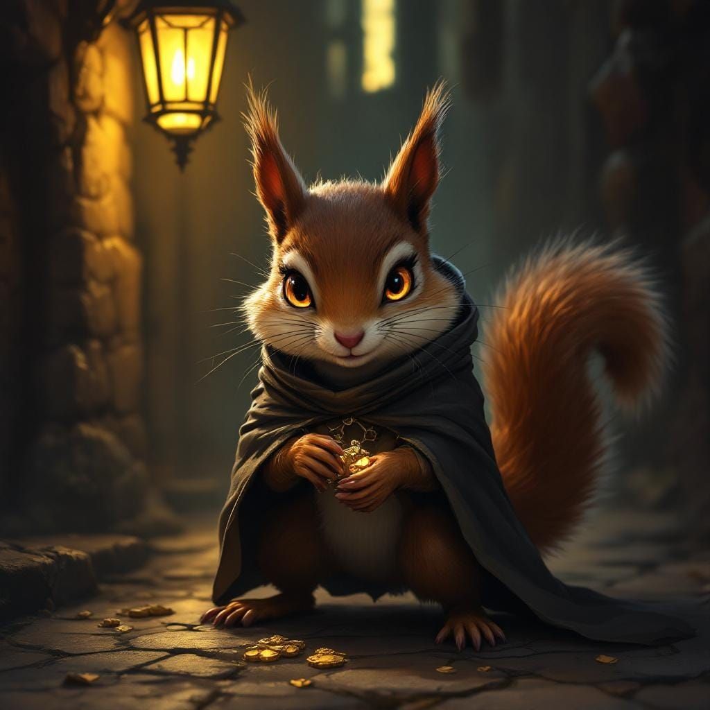 Fantasy Rogue Squirrel in Dimly Lit Alley
