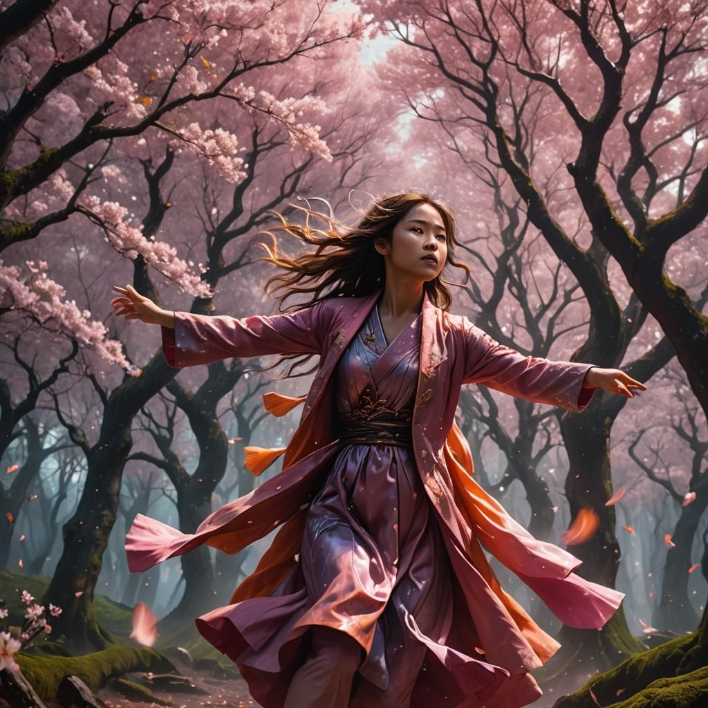 Mystical Girl Summons Cherry Blossom Storm in Anime Style