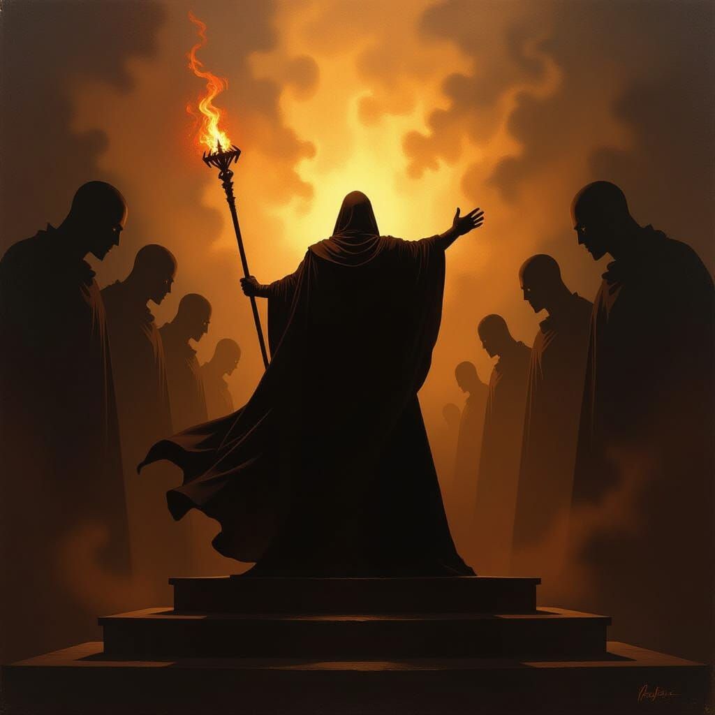 Resolute Figure Defends Position Against Shadows in Oil Pain...