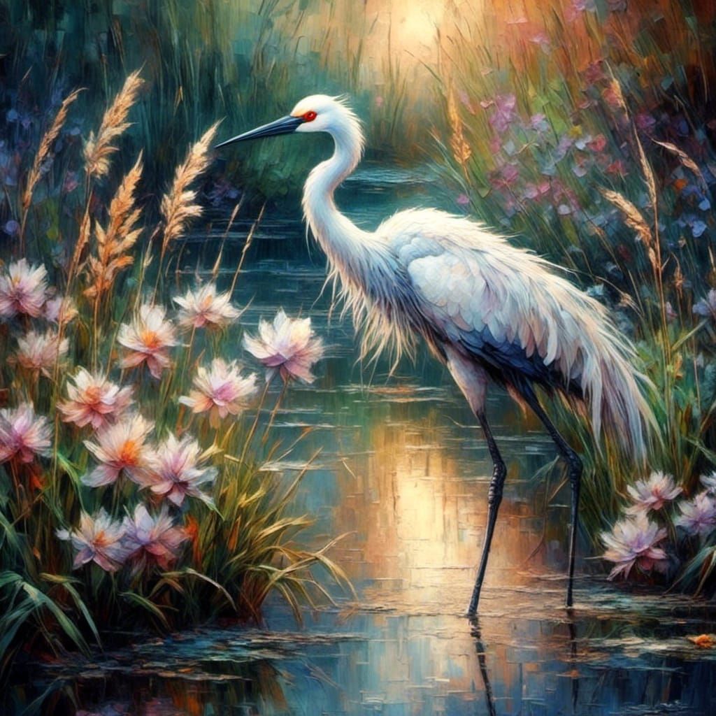 White Crane in Dreamlike Pond at Moonlight