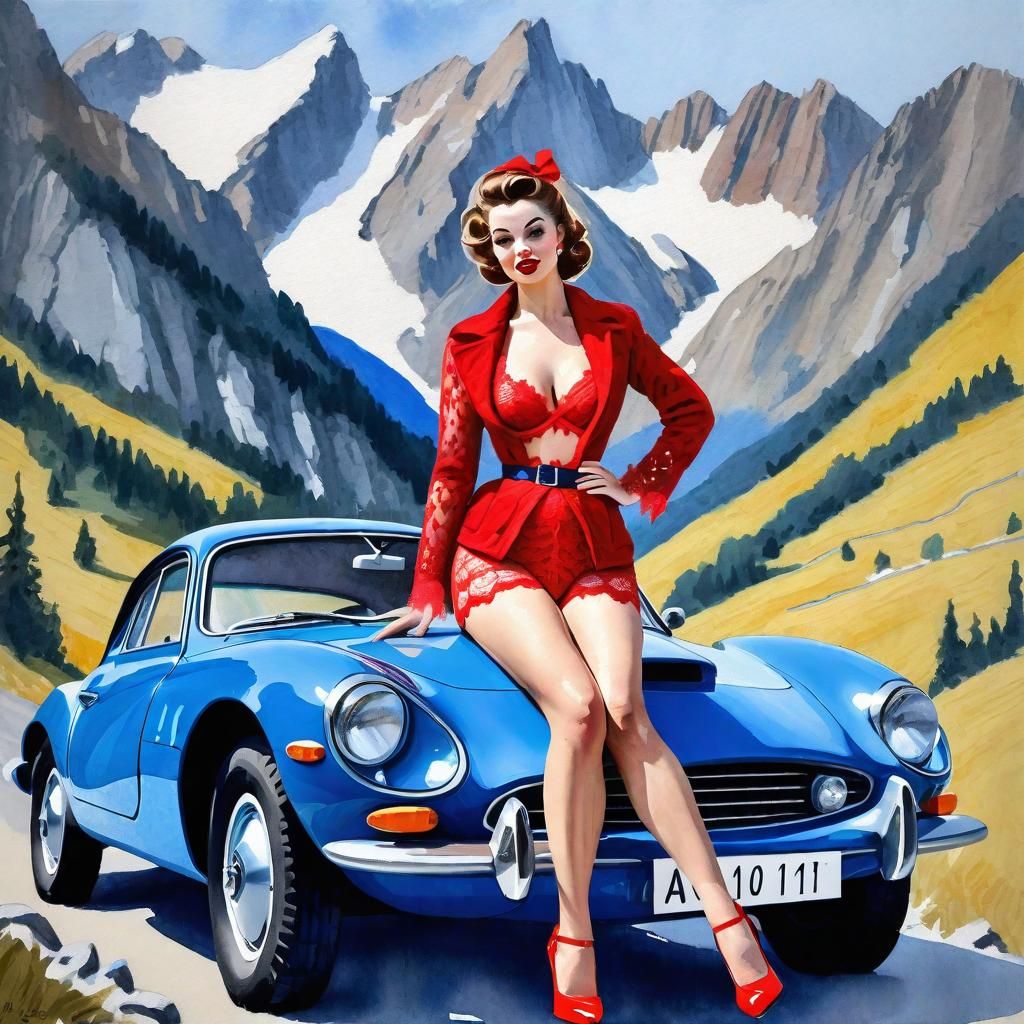 Pin-Up Girl and Blue Car in Gouache Style