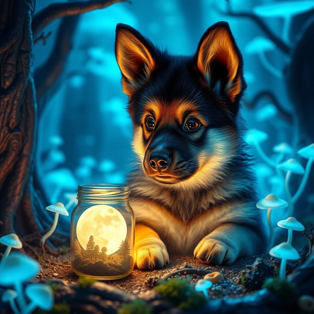 German Shepherd Puppy and Moon Jar in Mushroom Forest