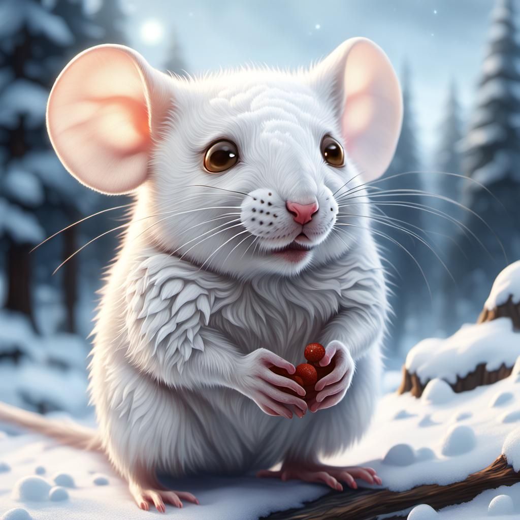 Adorable Albino Mouse in Winter Landscape