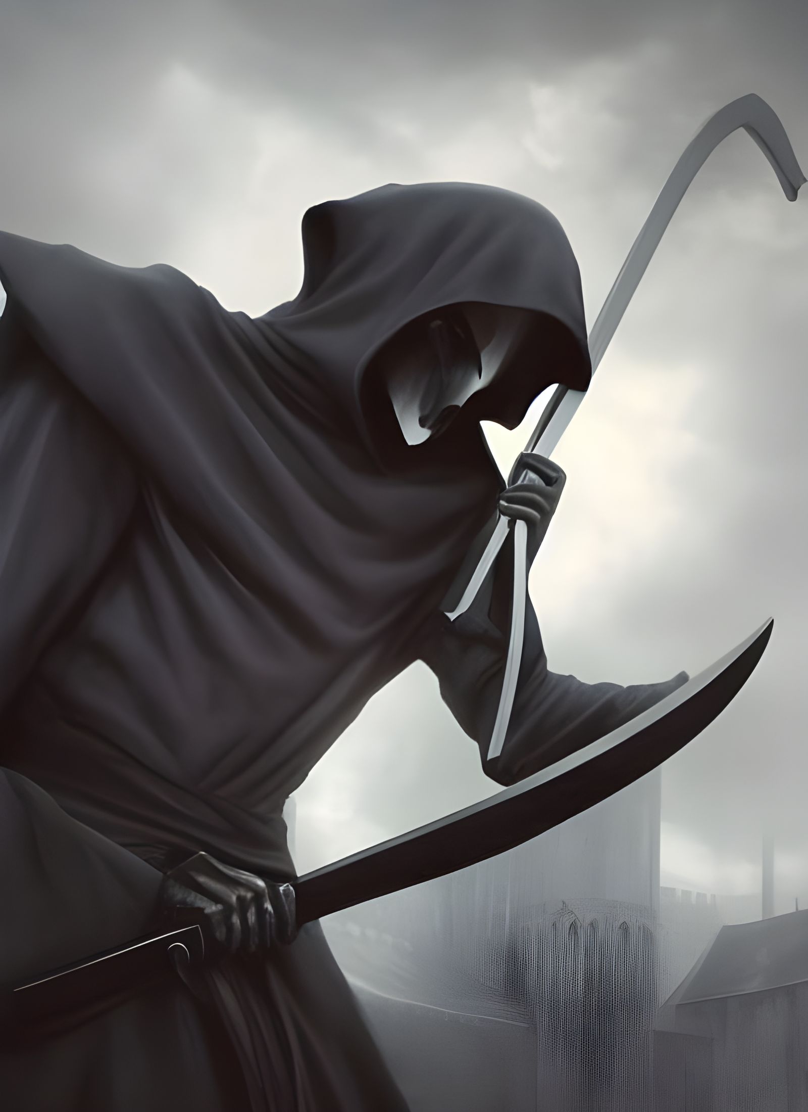 Hyper-Realistic Grim Reaper in Medieval City