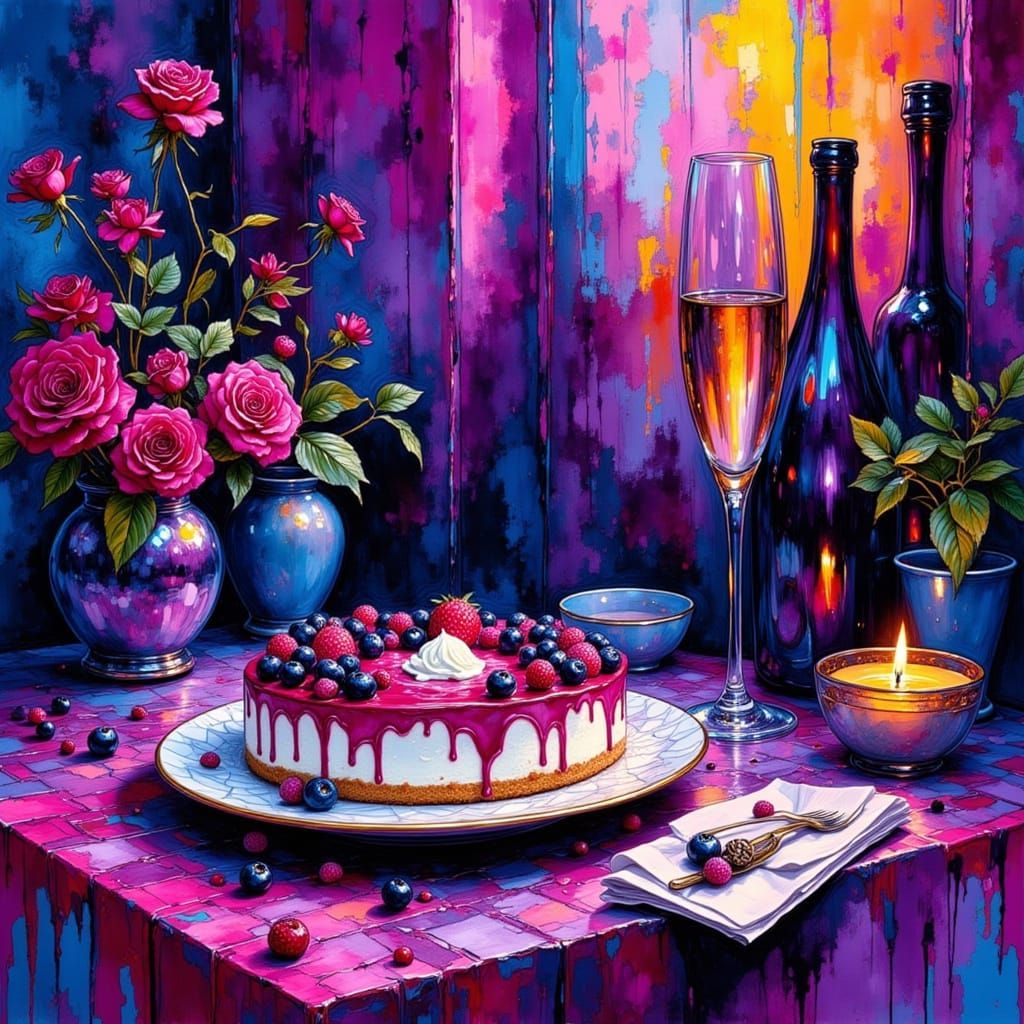 Blueberry Cheesecake with Champagne in Futuristic Graffiti S...