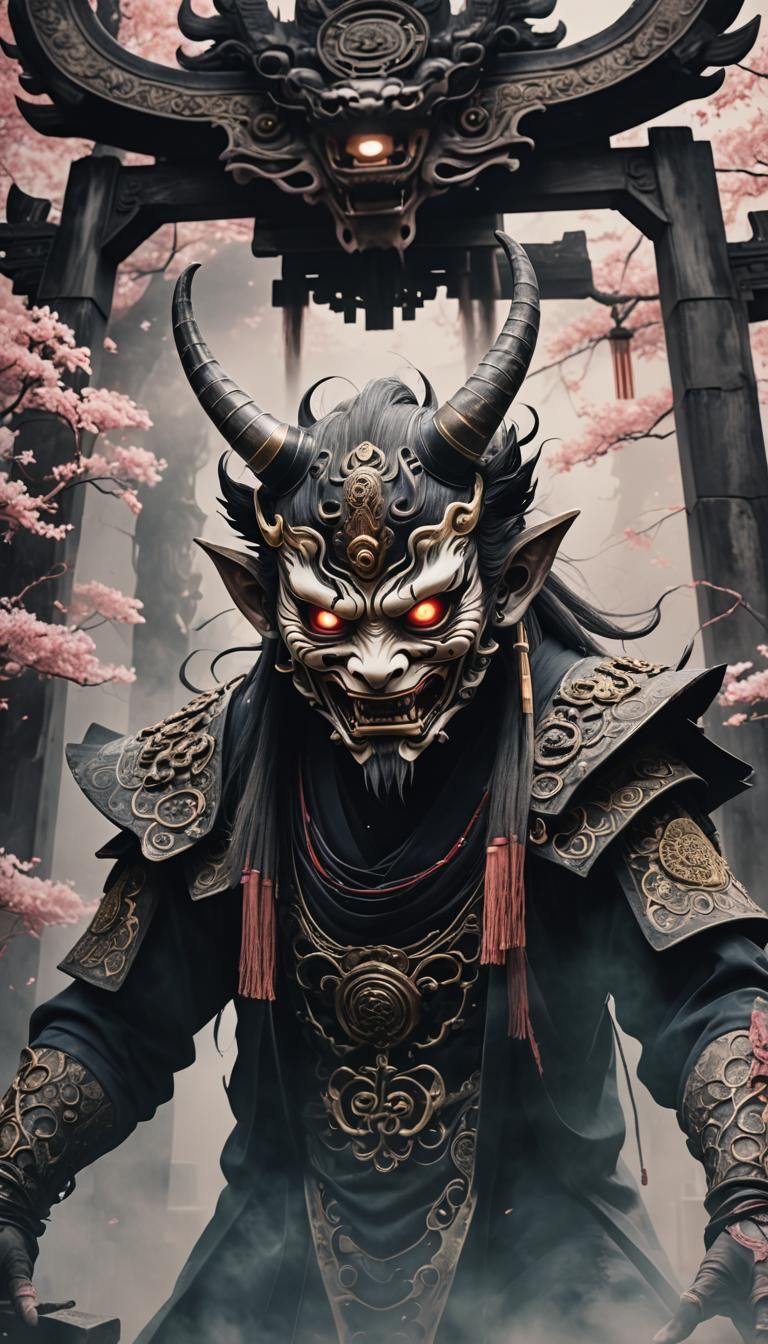 Ethereal Horror Creature with Japanese Mask in 3D Anime Styl...