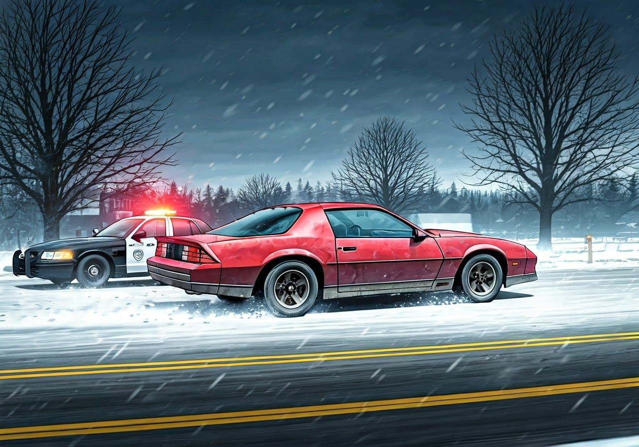 High-Speed Chase on a Snowy Town Street in Comic Book-Inspir...