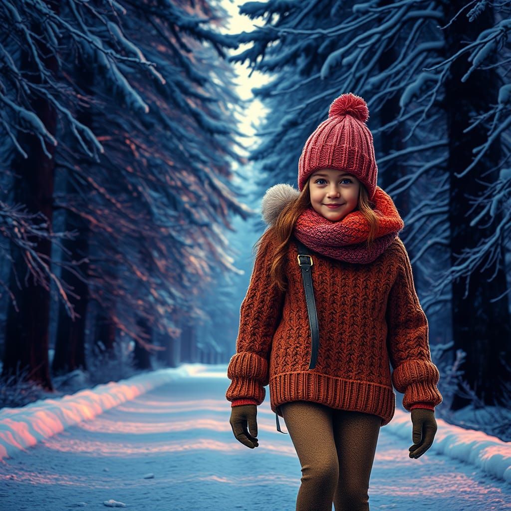 Girl and Dog in Snowy Forest, Hyperrealistic Splash Art