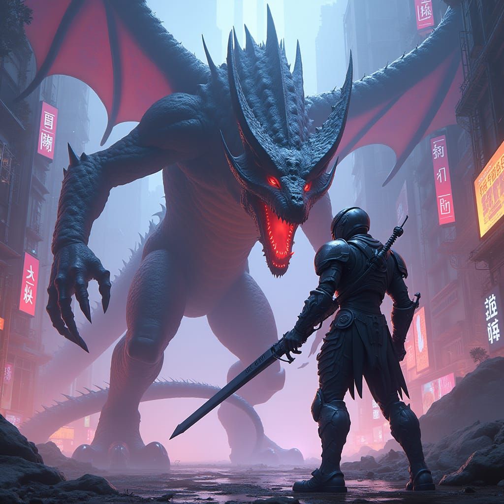 Futuristic Warrior Battles Three-Headed Dragon in Neon-Lit V...