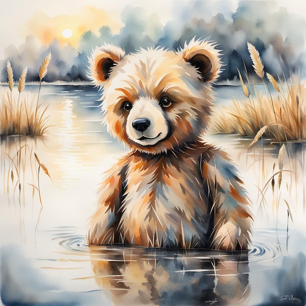 Teddy Bear at Serene Lake: Watercolour Painting