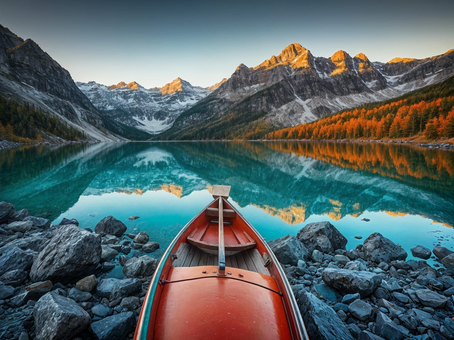 Autumn Alpine Lake Sunset With Red Canoe