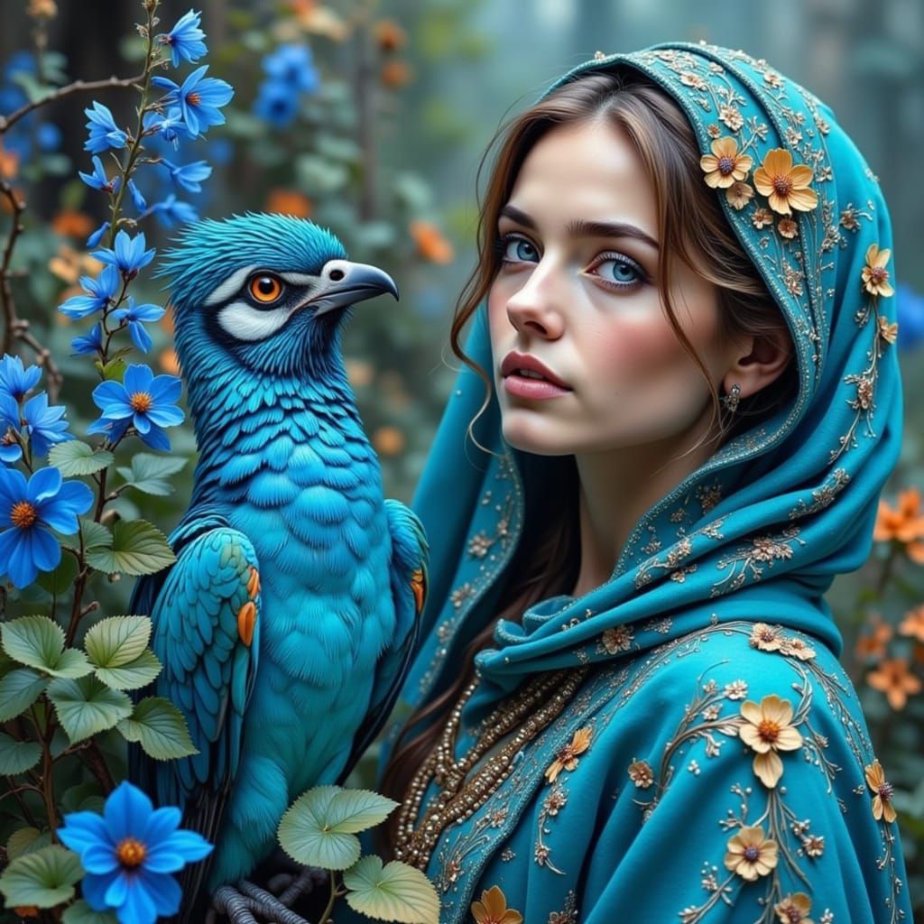 Ethereal Woman and Blue Avian Companion