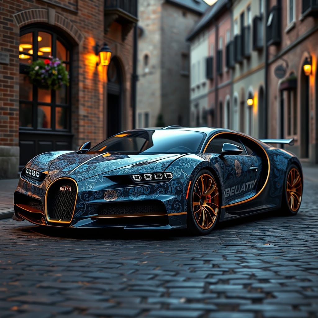 A hyper-realistic, luxurious Bugatti Chiron parked on a cobb...