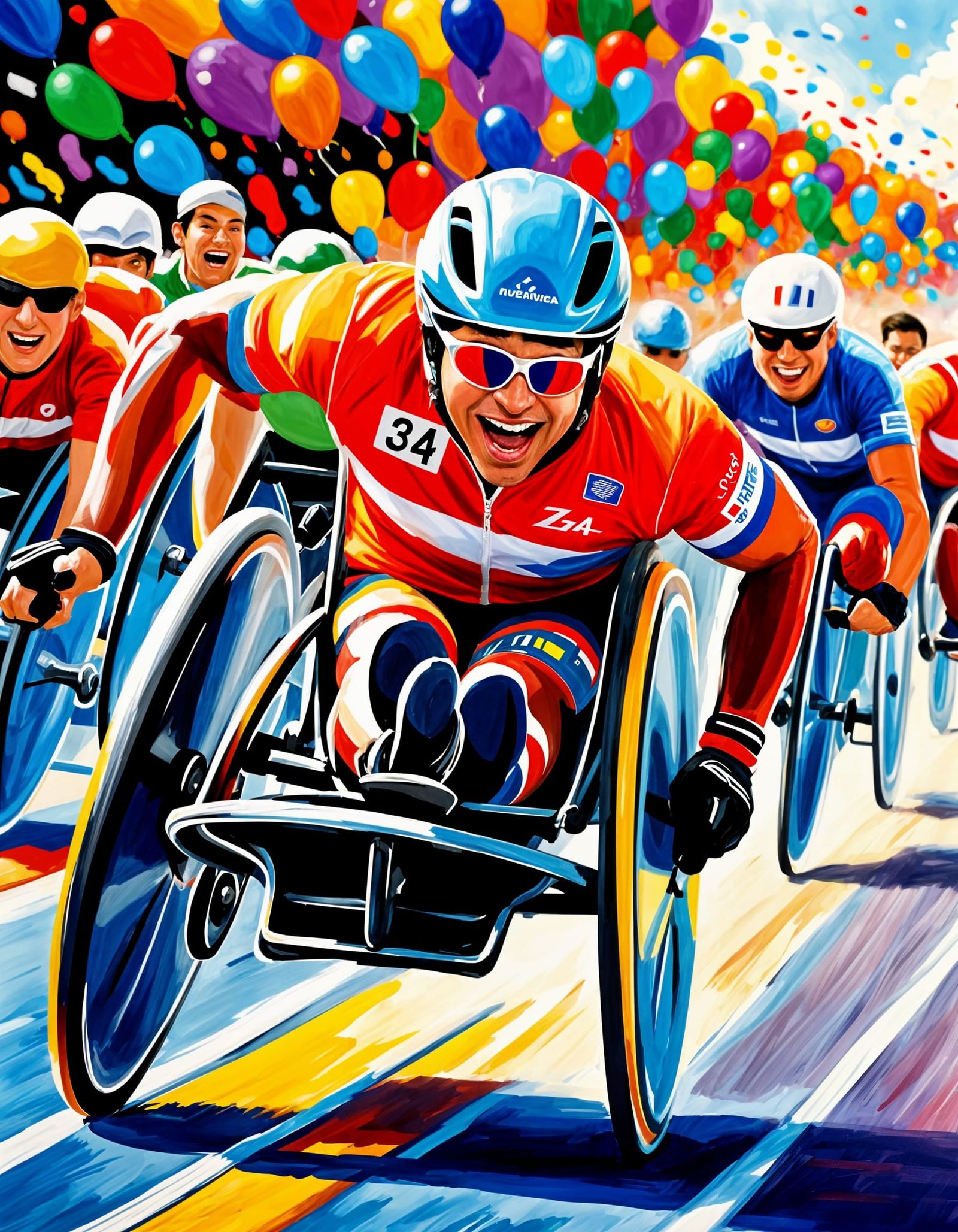 Wheelchair Racer Wins: Cheerful Digital Illustration