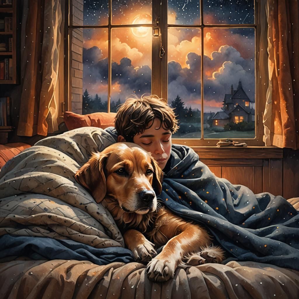 Cozy Boy and Dog Snuggle in Watercolor