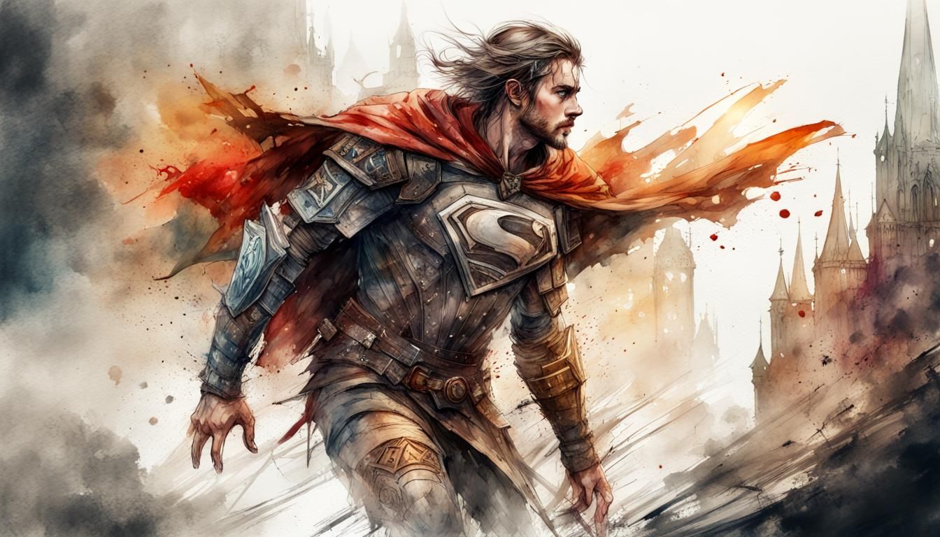 Medieval Superhero Landing: Digital Watercolor Art