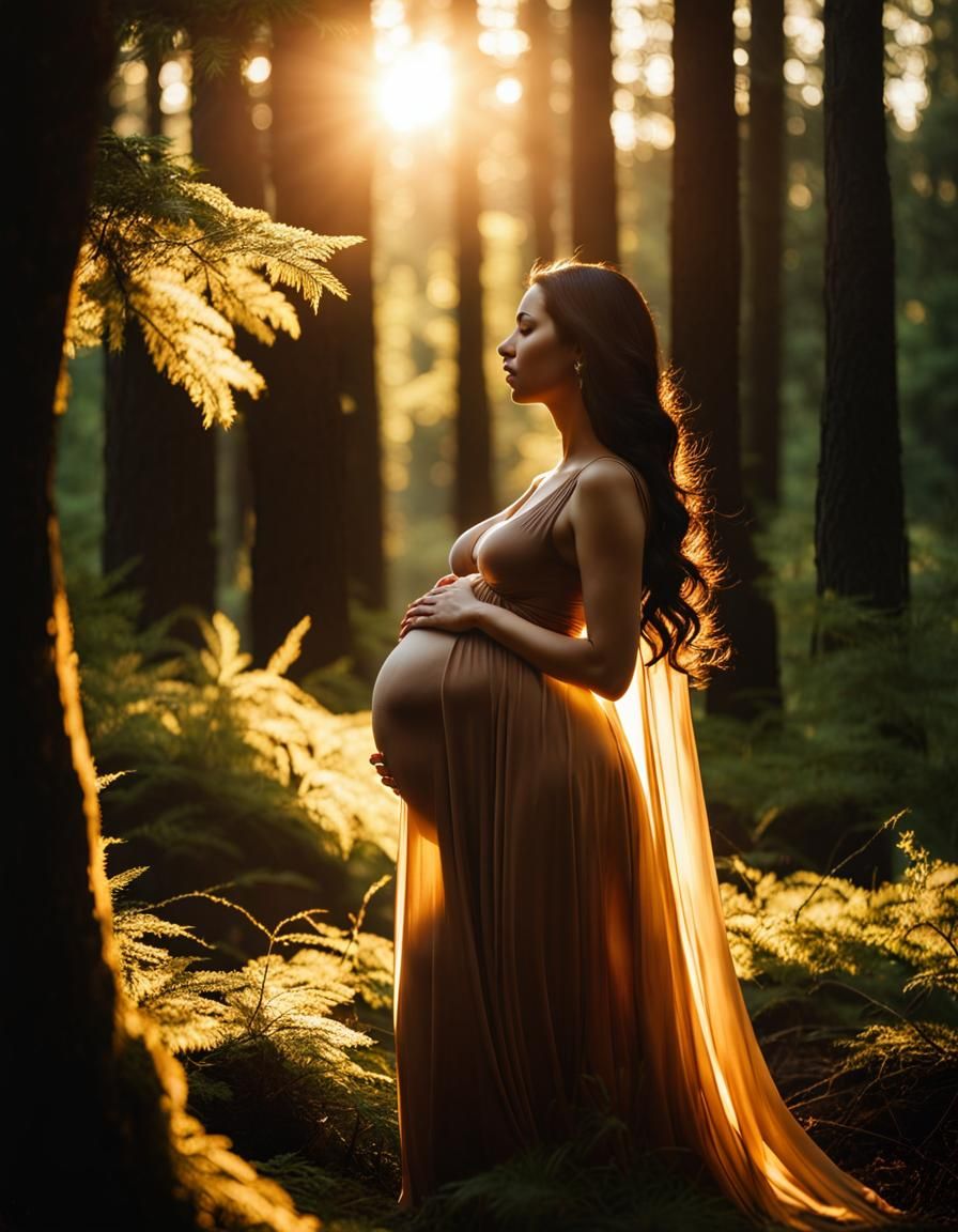 Pregnant Woman in Forest Clearing at Golden Hour