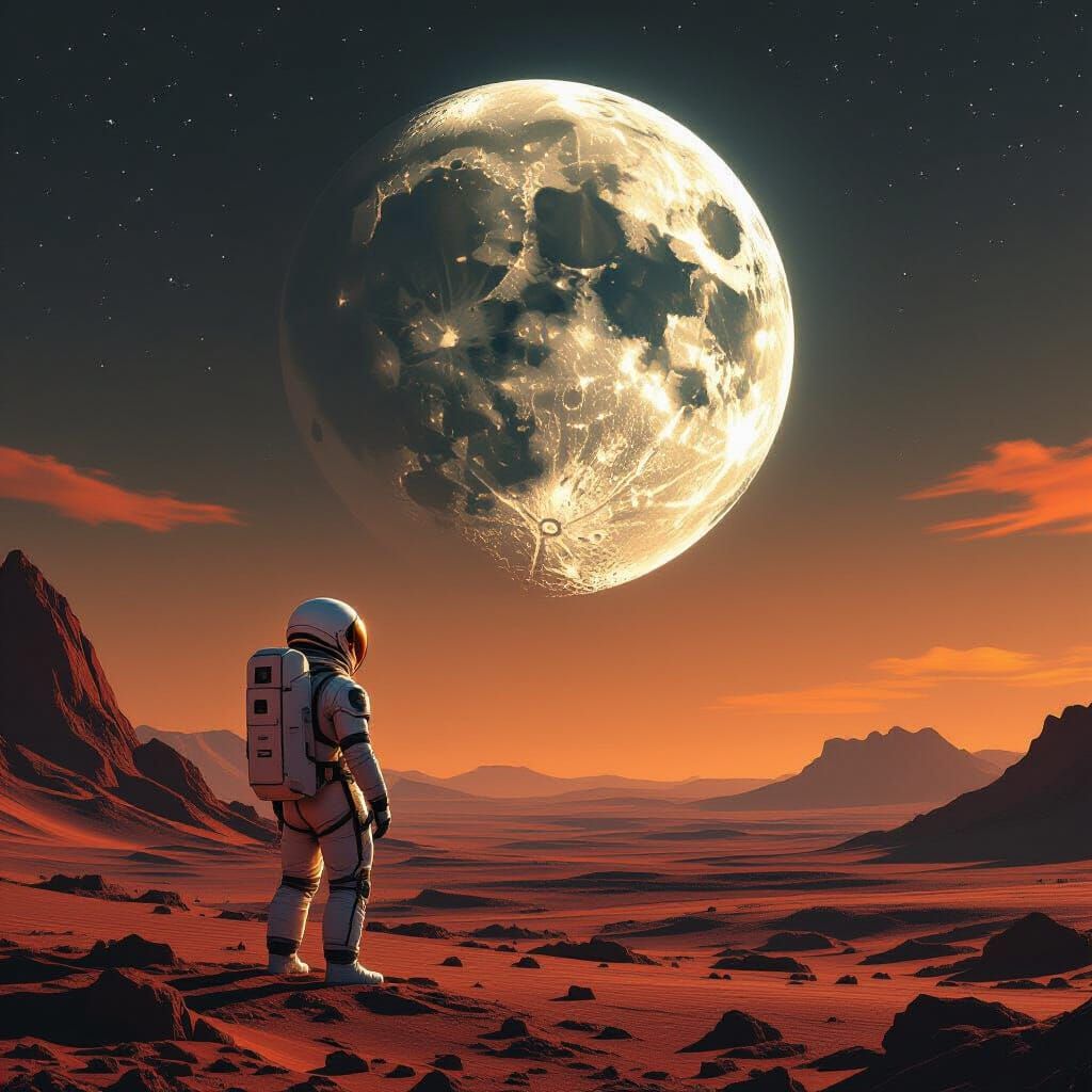 Astronaut Gazes at Shattered Moonscape in Sci-Fi Art Style