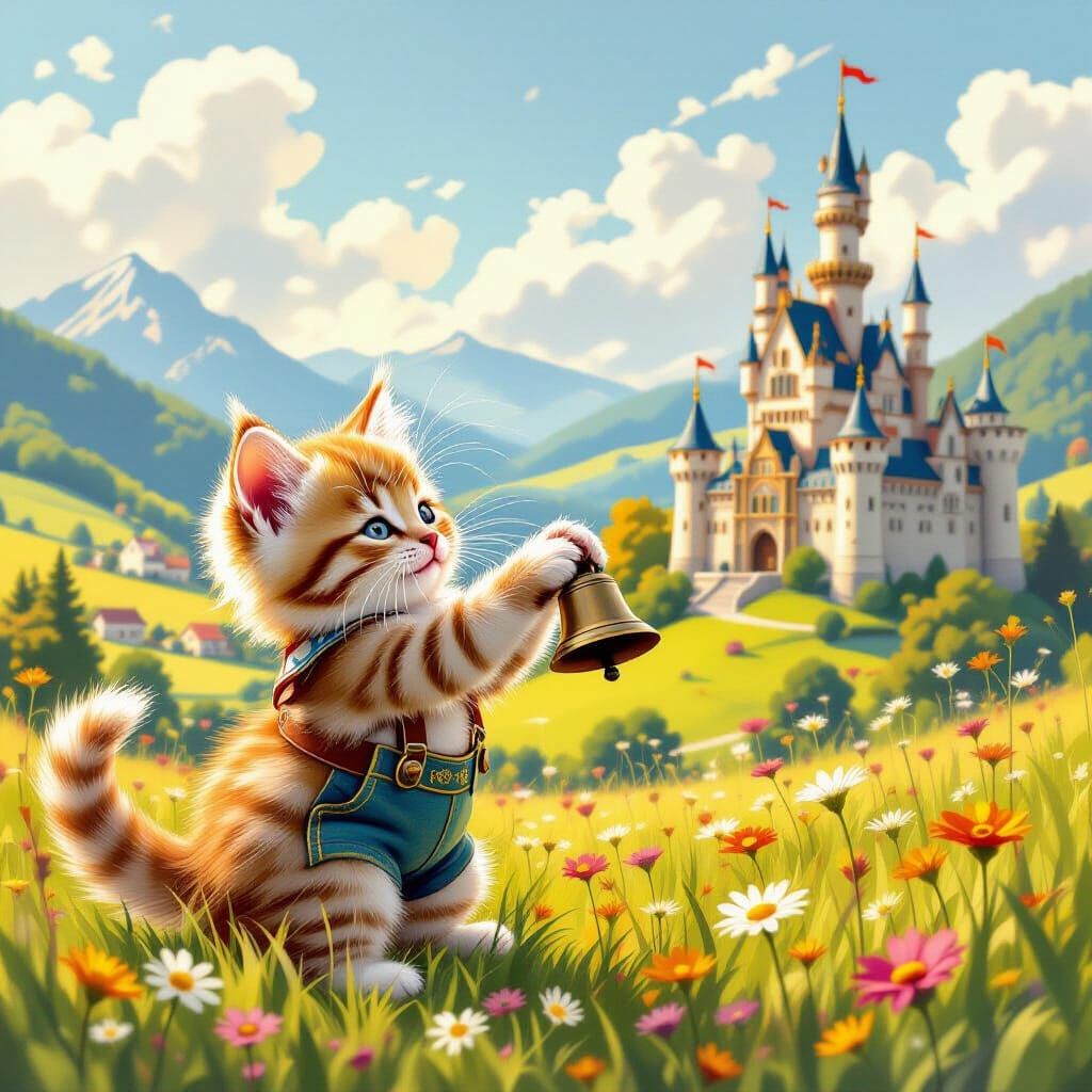 Fluffy Kitten in Lederhosen Plays with Cowbell in Meadow