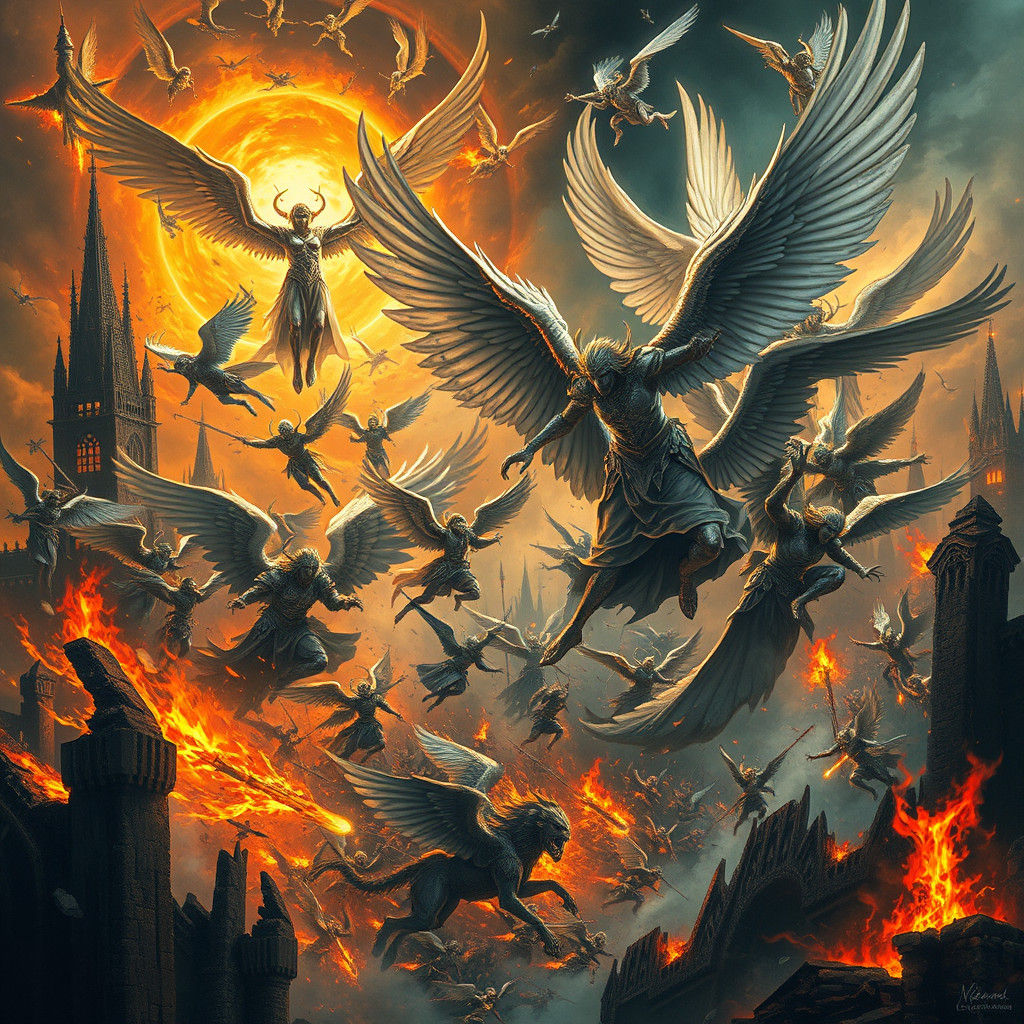 Epic Battle Between Angels and Demons in Surreal Style
