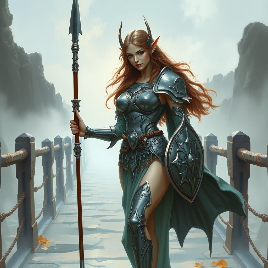 Elven Warrior on Misty Bridge in Fantasy Art Style