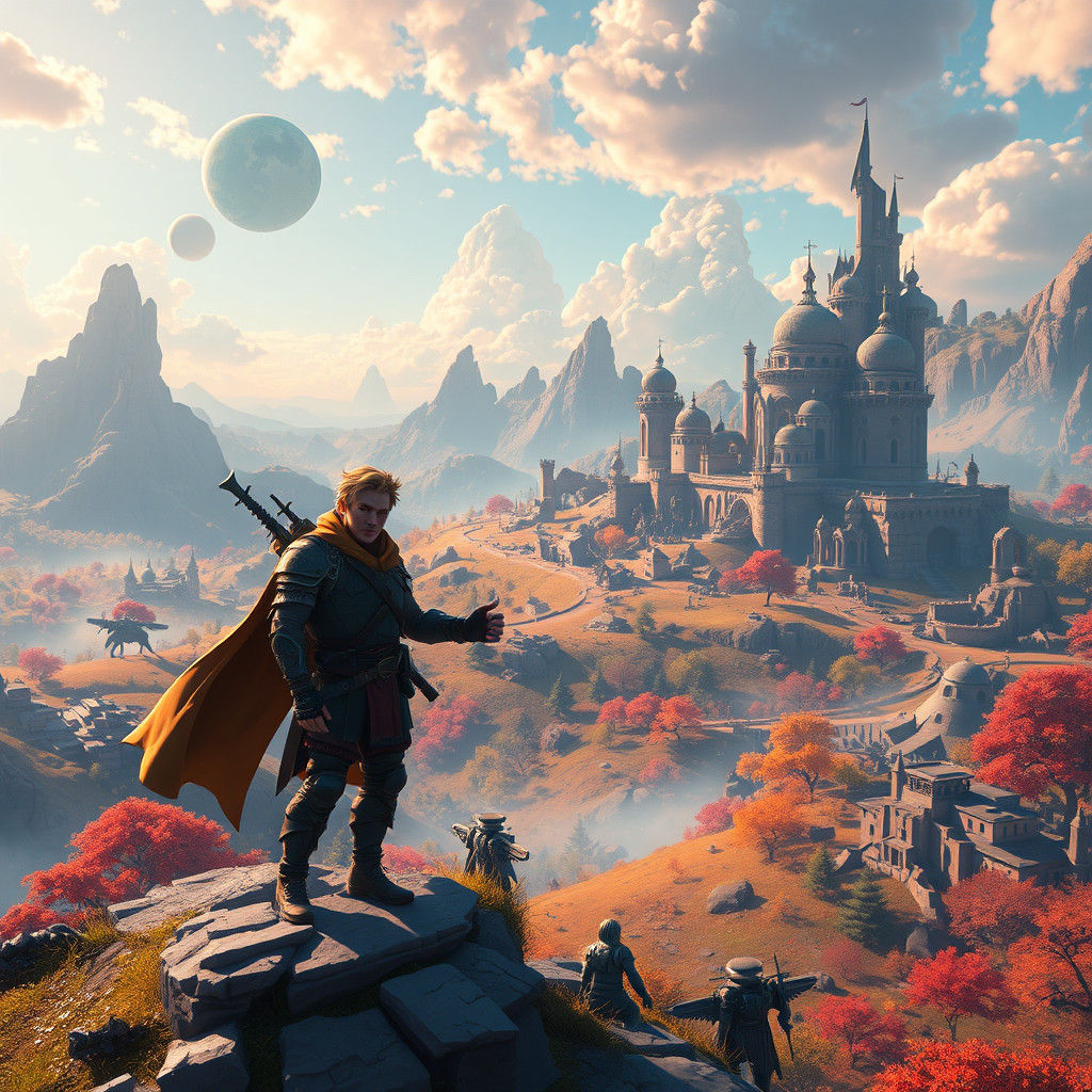 Epic Fortnite Heroic Warrior in Whimsical Futuristic Landsca...